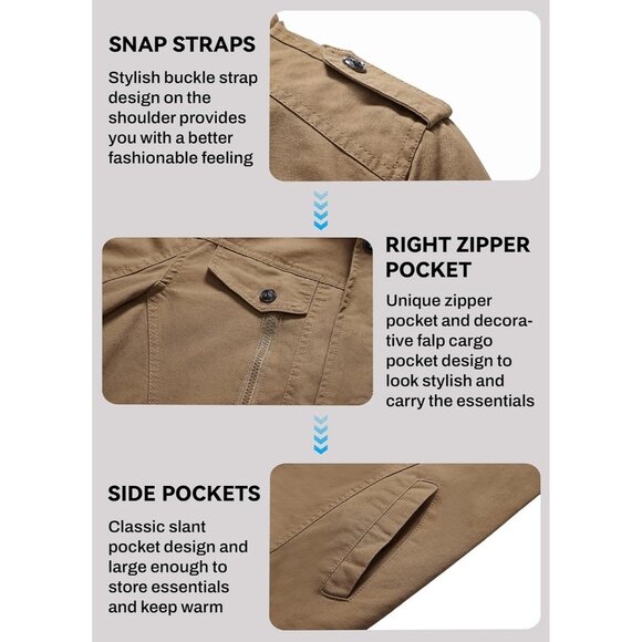 Men's Khaki  Winter Cargo Fleece Sherpa Lined Casual Windproof Bomber Jacket - Picture 5 of 6